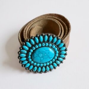 Turquoise Stone Belt with Silver Accents Leather tooled Lucky Brand